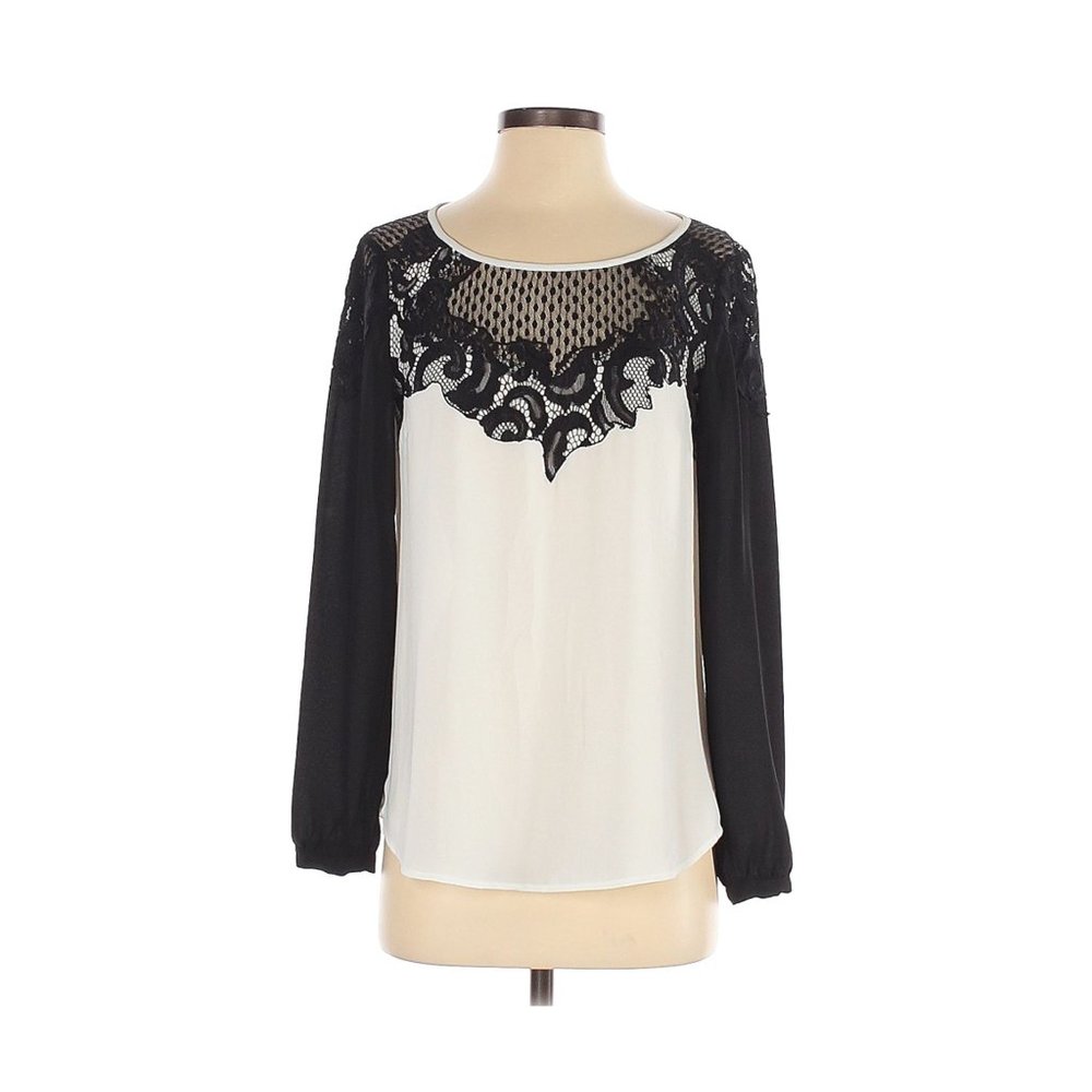 CACHE Black & White Lace Insert Keyhole Long Sleeve Blouse sz XS Women's Top
